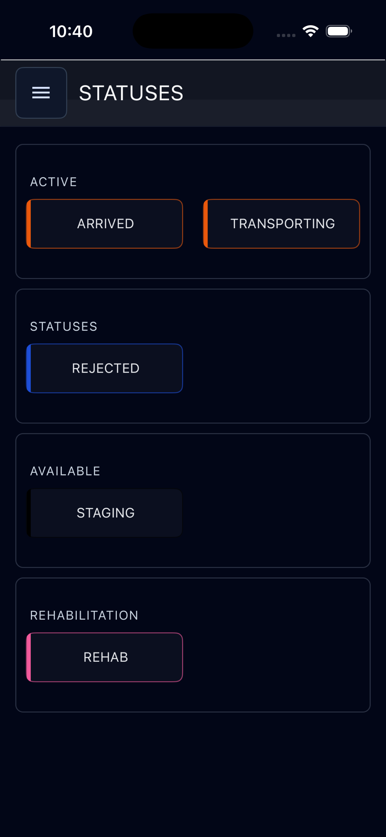 AIGIS Field showing responder status controls on iPhone