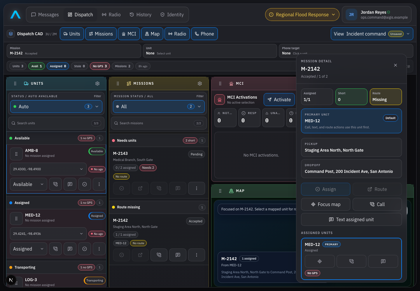 AIGIS OPS dispatch workspace with units, missions, map context, and operational navigation
