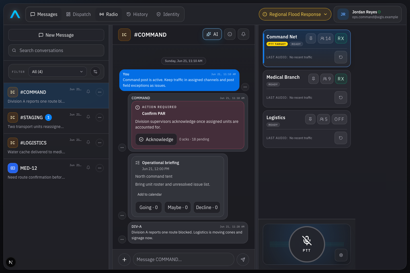 AIGIS OPS radio channels, listeners, replay, and push-to-talk controls