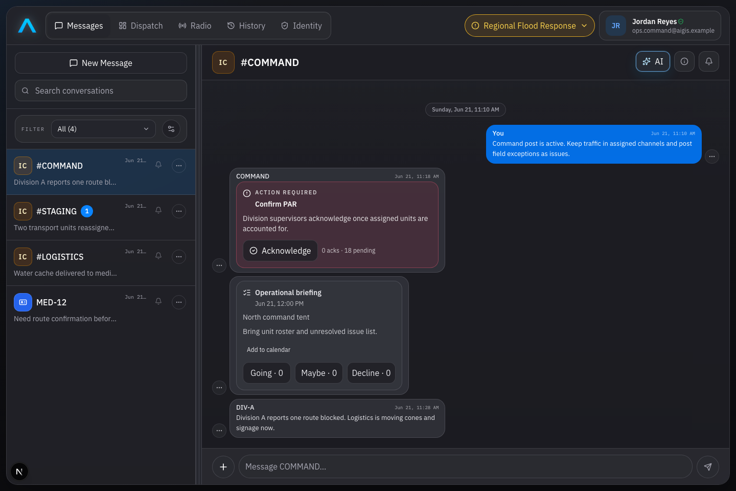AIGIS OPS command channel showing critical acknowledgement and operational briefing messages